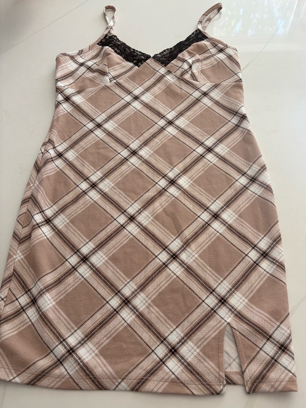 No Boundaries Blush Plaid lingerie slip with Black Lace Trim